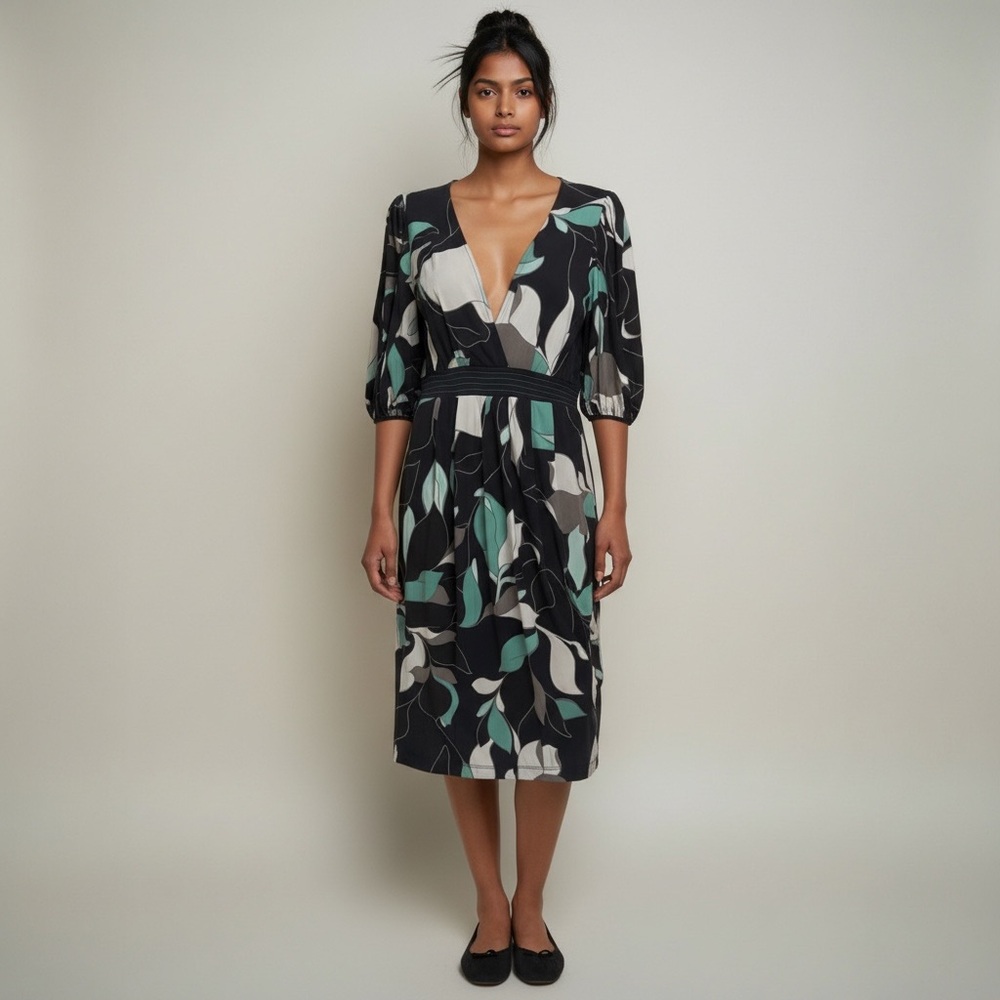 BCBGMaxAzria Navy Blue and Green Leaf Print Midi Dress Puff Sleeve Deep V-Neck